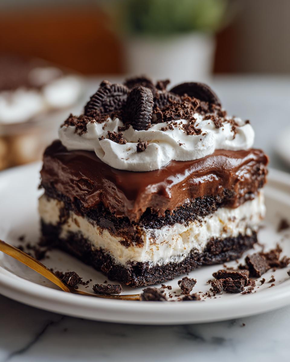 A decadent slice of no bake chocolate lasagna, topped with whipped cream and Oreo cookies.