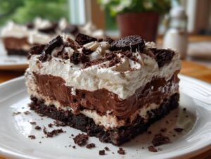 A decadent slice of no bake chocolate lasagna, layered with chocolate pudding and whipped cream, topped with crushed Oreos.