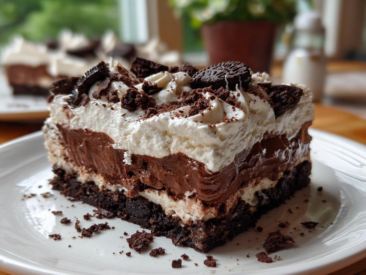 A decadent slice of no bake chocolate lasagna, layered with chocolate pudding and whipped cream, topped with crushed Oreos.