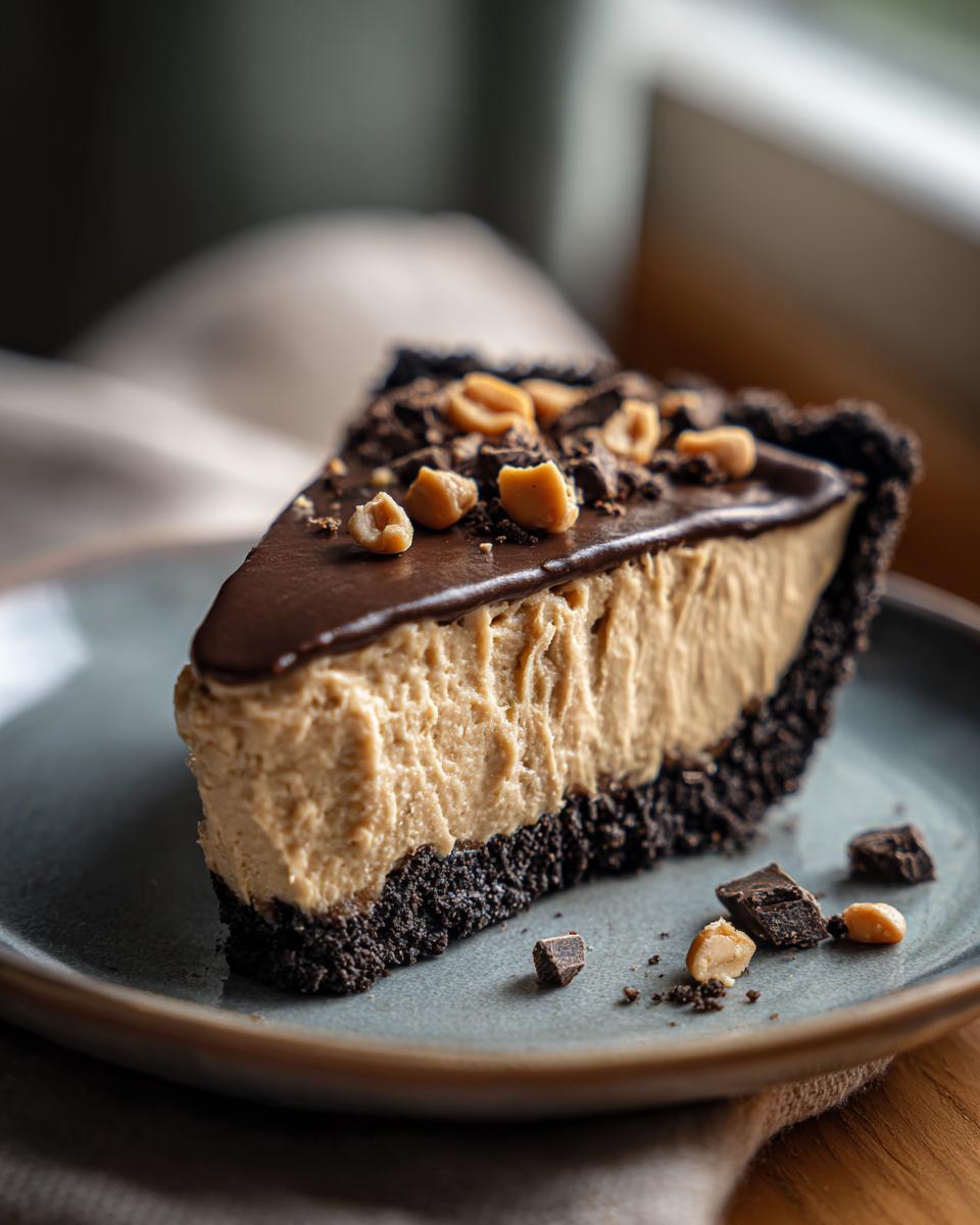 A delicious slice of no bake peanut butter pie topped with chocolate ganache and chopped peanuts.