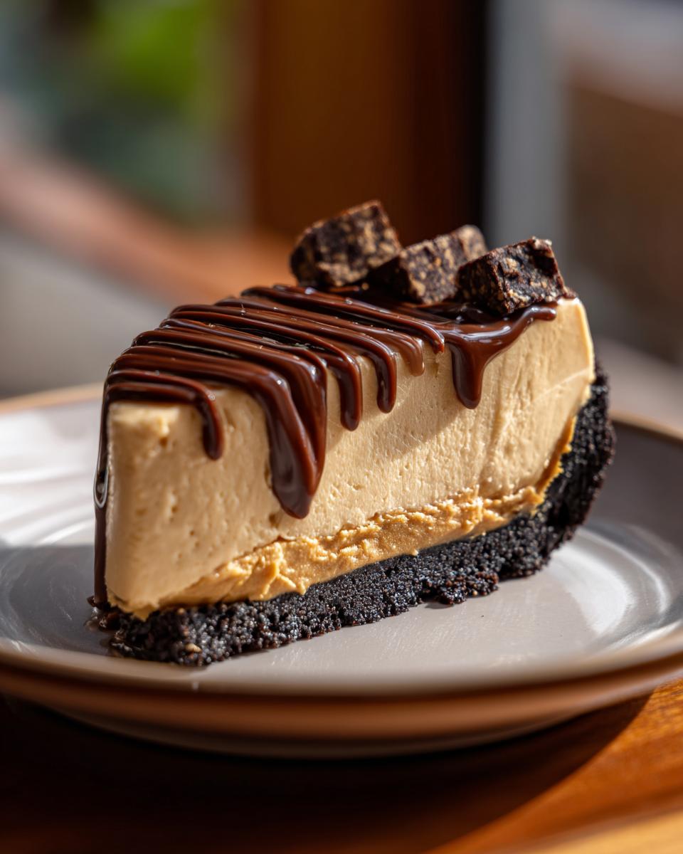 A tempting slice of no bake peanut butter pie, topped with chocolate drizzle and brownie crumbles.
