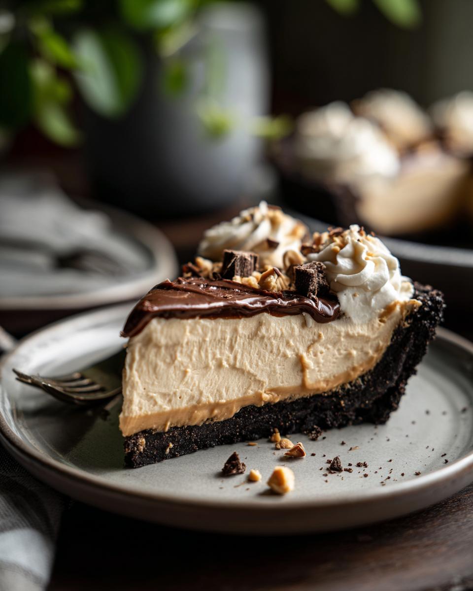 A delicious slice of no bake peanut butter pie with chocolate ganache, whipped cream, and chopped peanuts.