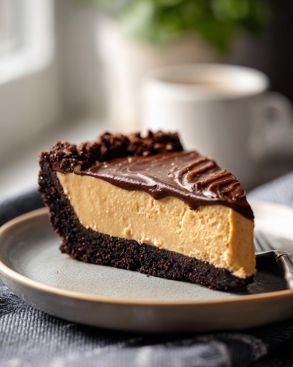 A delicious slice of no bake peanut butter pie with a chocolate crust and topping.