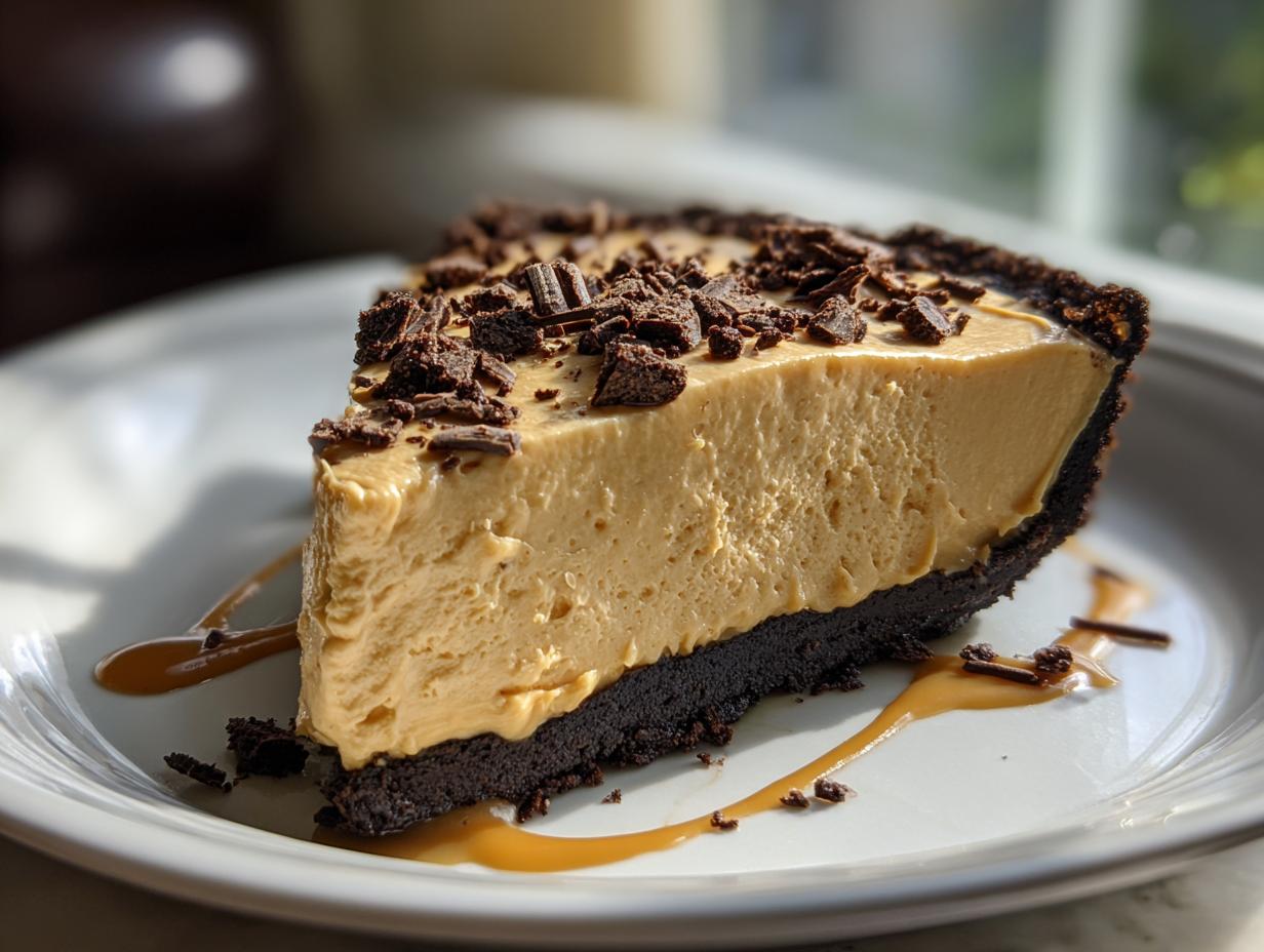 A slice of no bake peanut butter pie with a chocolate crust, topped with chocolate shavings and drizzled with caramel.