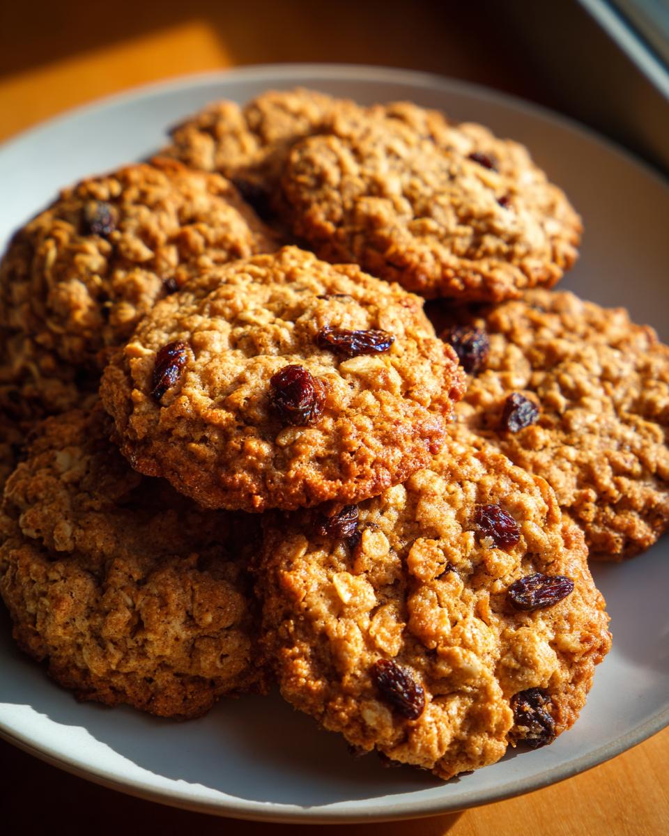 A close-up of several soft chewy oatmeal raisin cookies piled on a plate, showcasing their texture and raisins.
