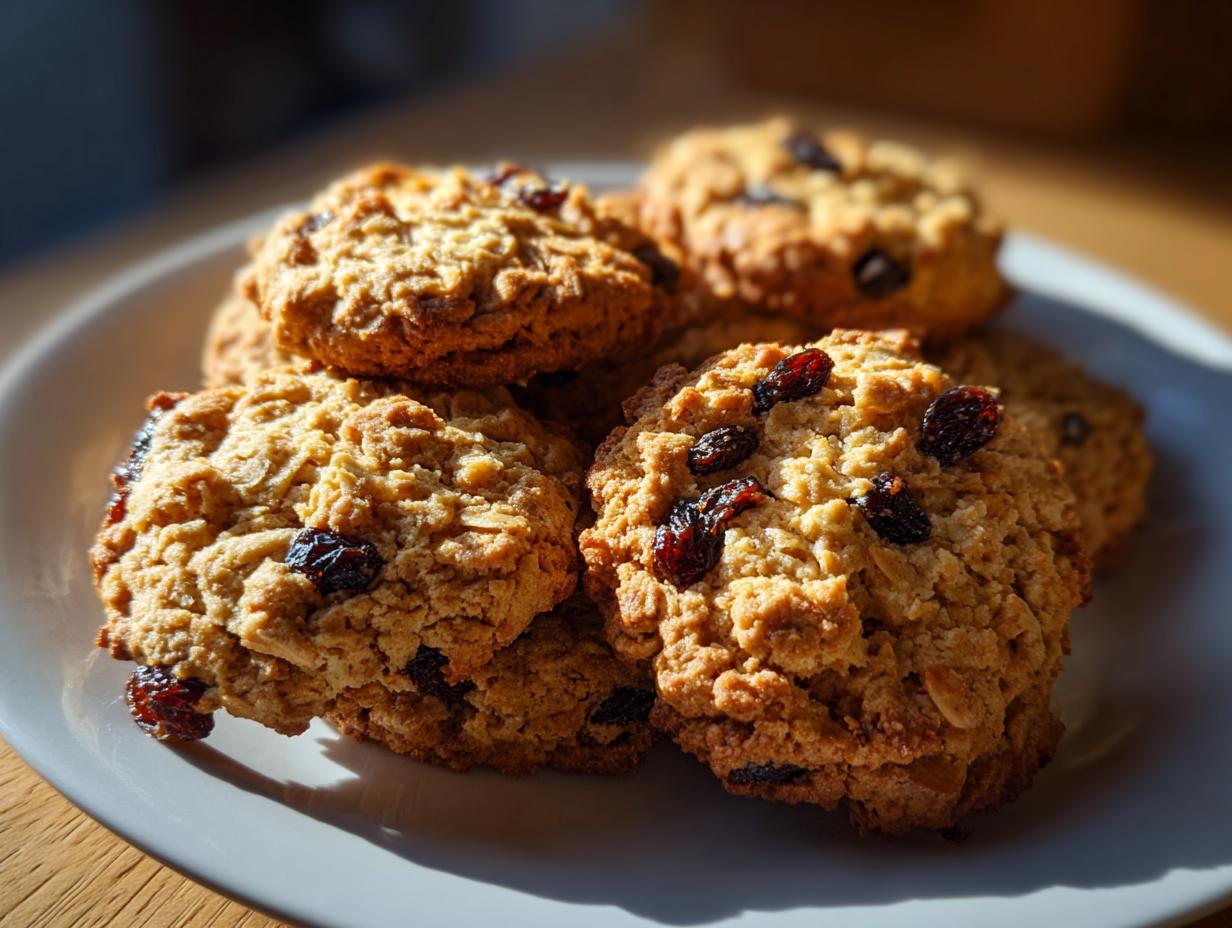 A close-up of several soft and chewy oatmeal raisin cookies piled on a white plate, with visible oats and raisins.