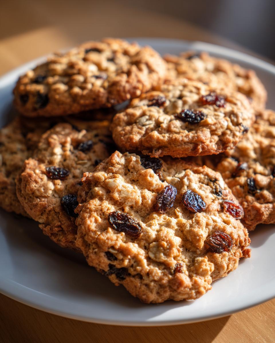 A close-up of a stack of soft and chewy oatmeal raisin cookies on a white plate.