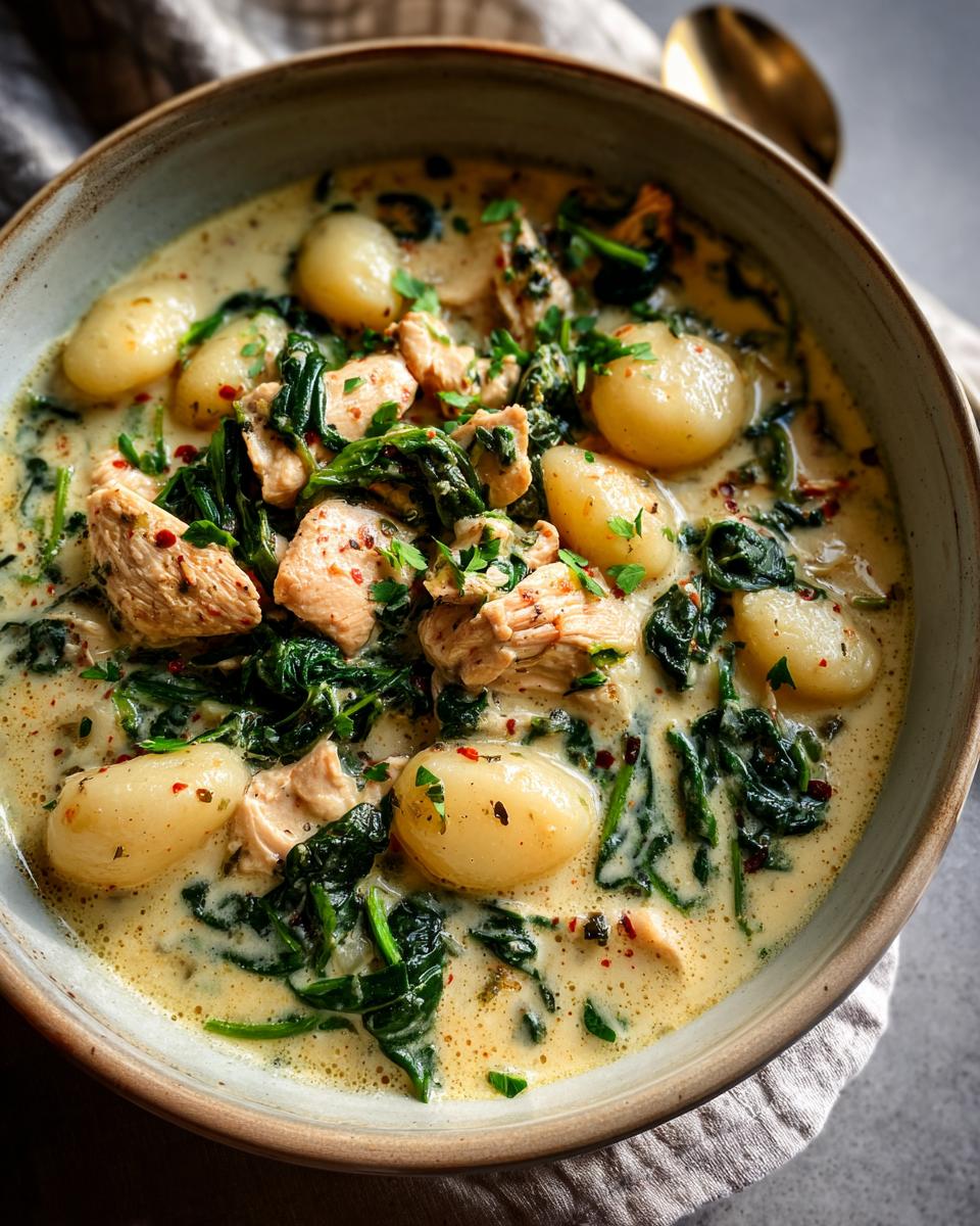Close-up of creamy Olive Garden Chicken Gnocchi Soup with tender chicken, spinach, and soft gnocchi.