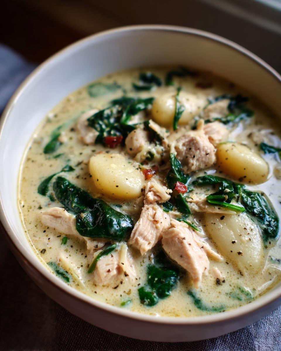 A close-up view of a bowl of Olive Garden Chicken Gnocchi Soup, featuring tender chicken, soft gnocchi, and wilted spinach in a creamy broth.