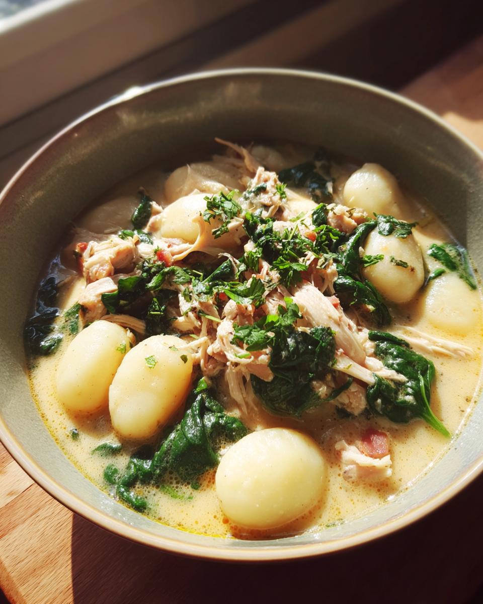 A close-up of a bowl of Olive Garden Chicken Gnocchi Soup, featuring tender chicken, soft gnocchi, and wilted spinach in a creamy broth.