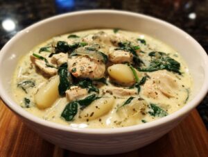 A close-up of a bowl of creamy Olive Garden Chicken Gnocchi Soup with tender chicken, soft gnocchi, and wilted spinach.