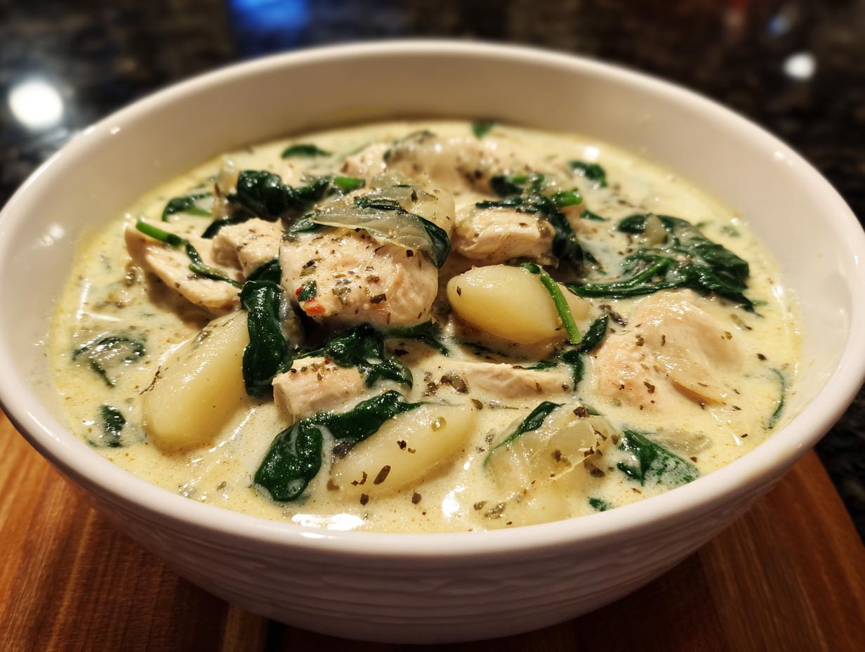 A close-up of a bowl of creamy Olive Garden Chicken Gnocchi Soup with tender chicken, soft gnocchi, and wilted spinach.