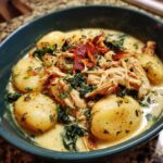 A close-up of hearty Olive Garden Chicken Gnocchi Soup, featuring tender chicken, soft potatoes, spinach, and crispy bacon bits.