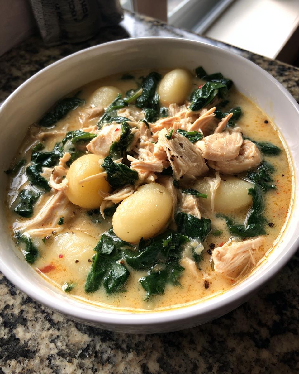 A close-up of a bowl of Olive Garden Chicken Gnocchi Soup, featuring tender chicken, soft gnocchi, and wilted spinach in a creamy broth.