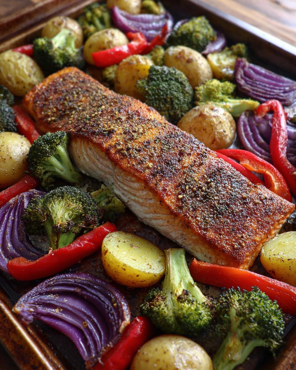 A close-up of a seasoned salmon fillet surrounded by roasted broccoli, red onion, red bell pepper, and baby potatoes on a baking sheet.