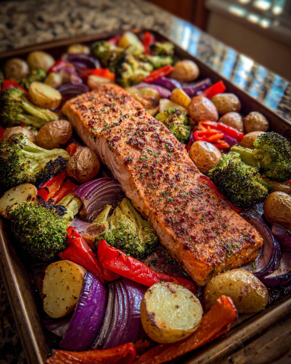 A close-up of a perfectly cooked one pan salmon and veggies, featuring a salmon fillet surrounded by roasted broccoli, potatoes, red peppers, and red onion.