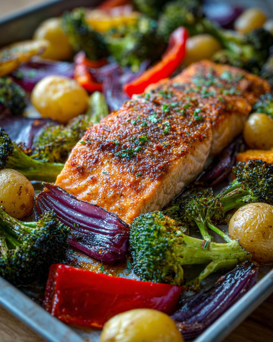 A close-up of a perfectly cooked salmon fillet on a baking sheet with roasted broccoli, red peppers, red onion, and potatoes.