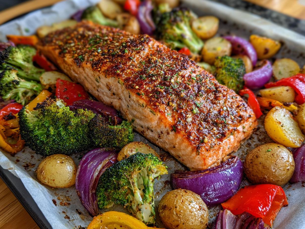 A close-up shot of a perfectly cooked fillet of one pan salmon and veggies, including broccoli, potatoes, and red onion.