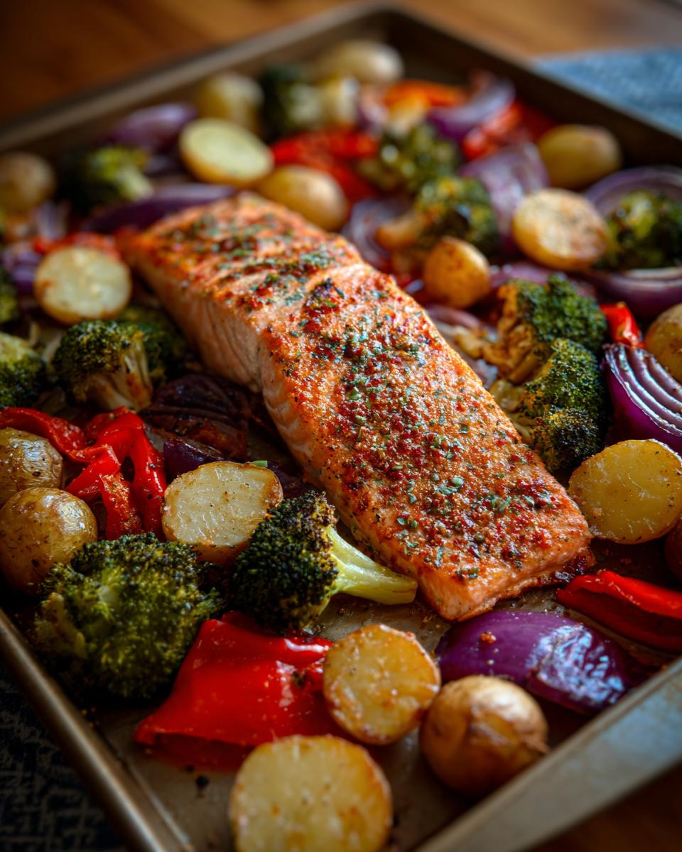 A close-up of a perfectly cooked salmon fillet on a baking sheet surrounded by roasted broccoli, red onion, potatoes, and red bell peppers.