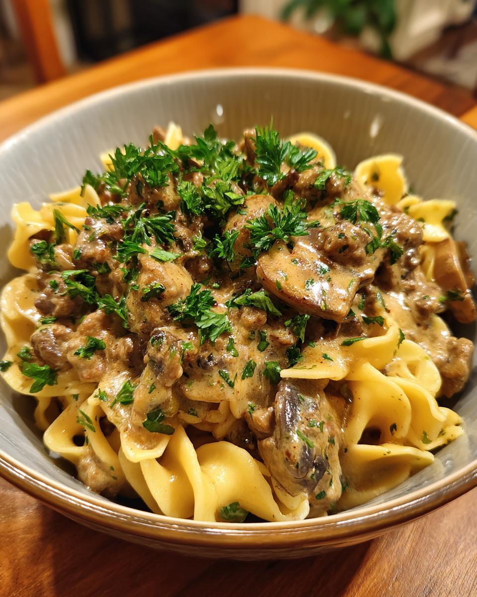 A close-up of a bowl of one pot beef stroganoff served over wide egg noodles, garnished with fresh parsley.