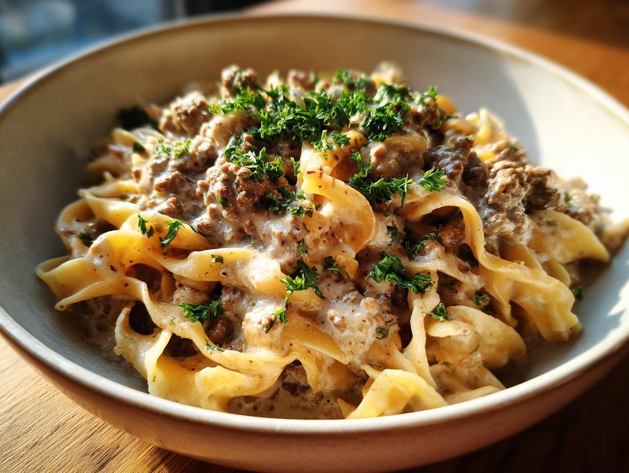 A close-up of a bowl of one pot beef stroganoff served over wide egg noodles, garnished with fresh parsley.