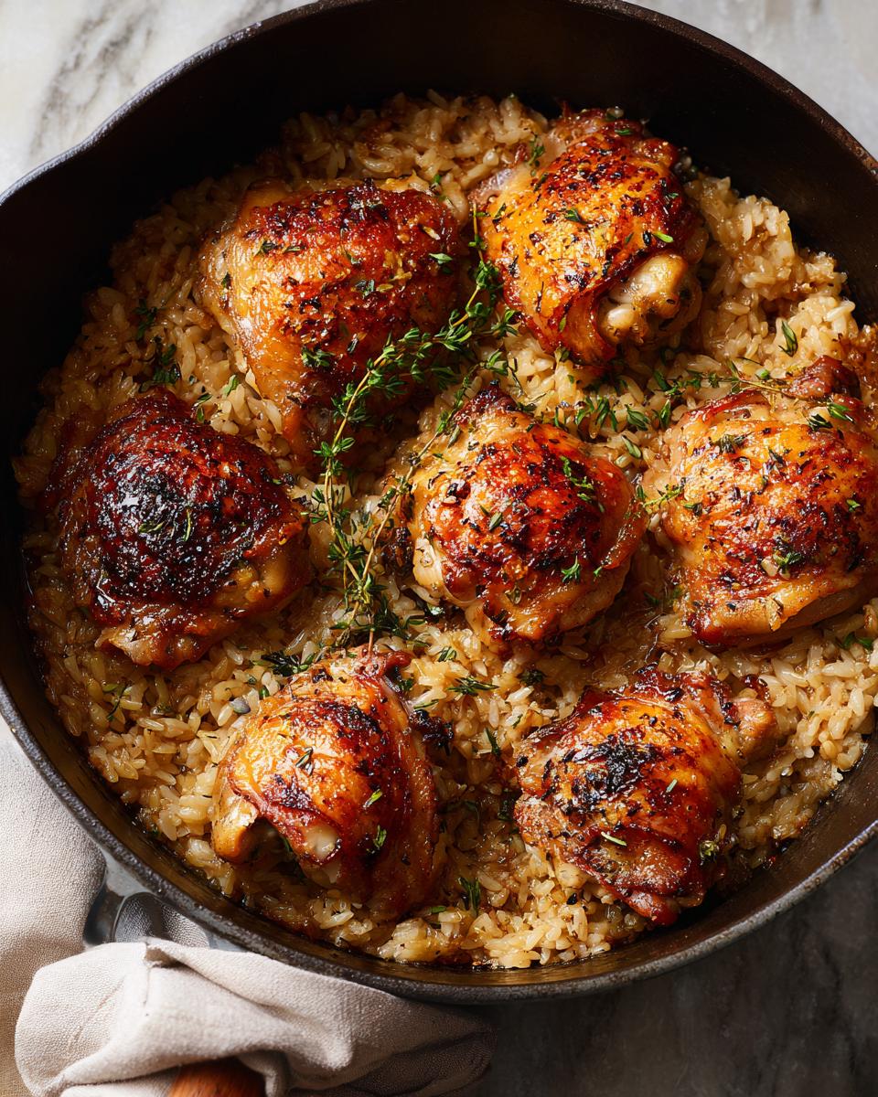 A close-up overhead view of a one pot chicken and rice dish, featuring six golden-brown crispy chicken thighs nestled in fluffy rice, garnished with fresh thyme.