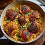 A close-up overhead view of a one pot chicken and rice dish, featuring crispy skin chicken thighs nestled in fluffy rice and garnished with fresh parsley.