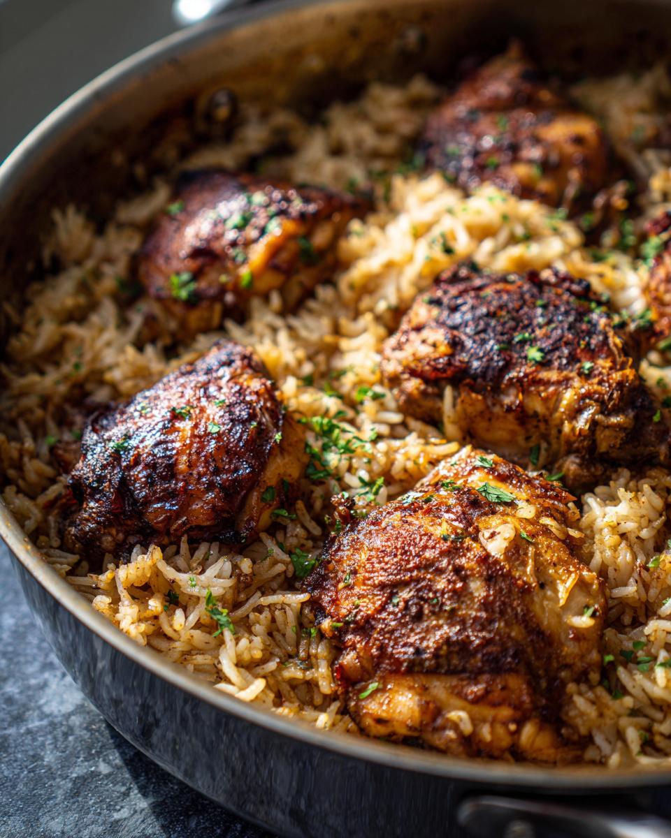 A close-up of a one pot chicken and rice dish, featuring browned chicken thighs nestled in fluffy rice, garnished with parsley.