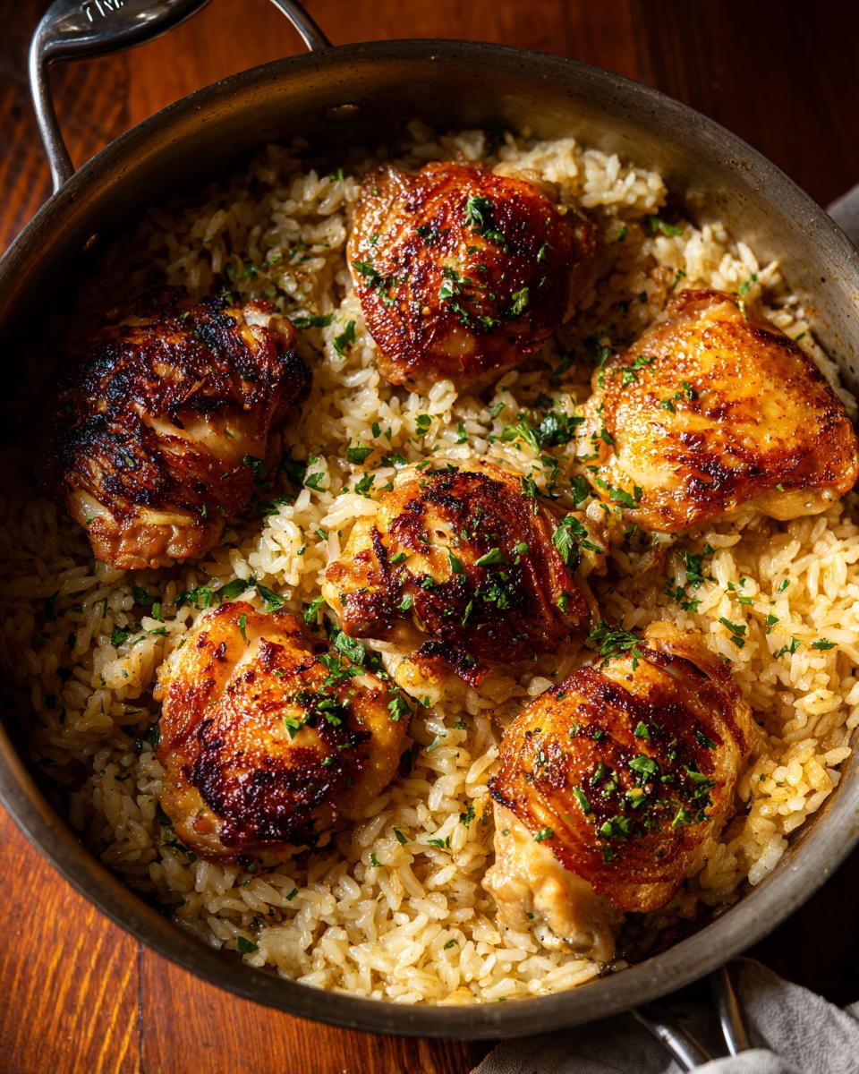 A top-down view of a one pot chicken and rice dish, featuring perfectly cooked rice and five golden-brown chicken thighs sprinkled with parsley.