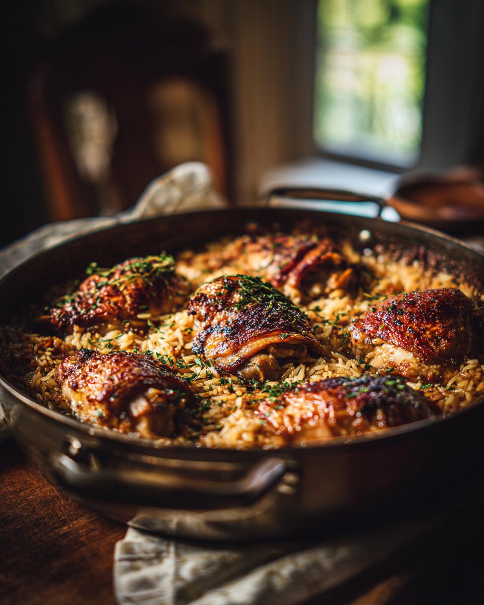 A close-up view of a golden-brown one pot chicken and rice dish cooked in a skillet, garnished with fresh herbs.