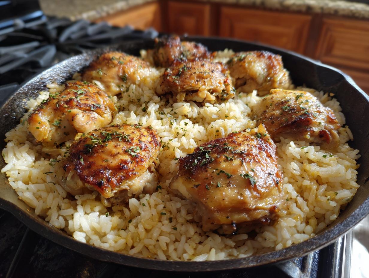 A close-up of a cast iron skillet filled with fluffy rice and golden-brown, seasoned chicken thighs, a perfect one pot chicken and rice dish.