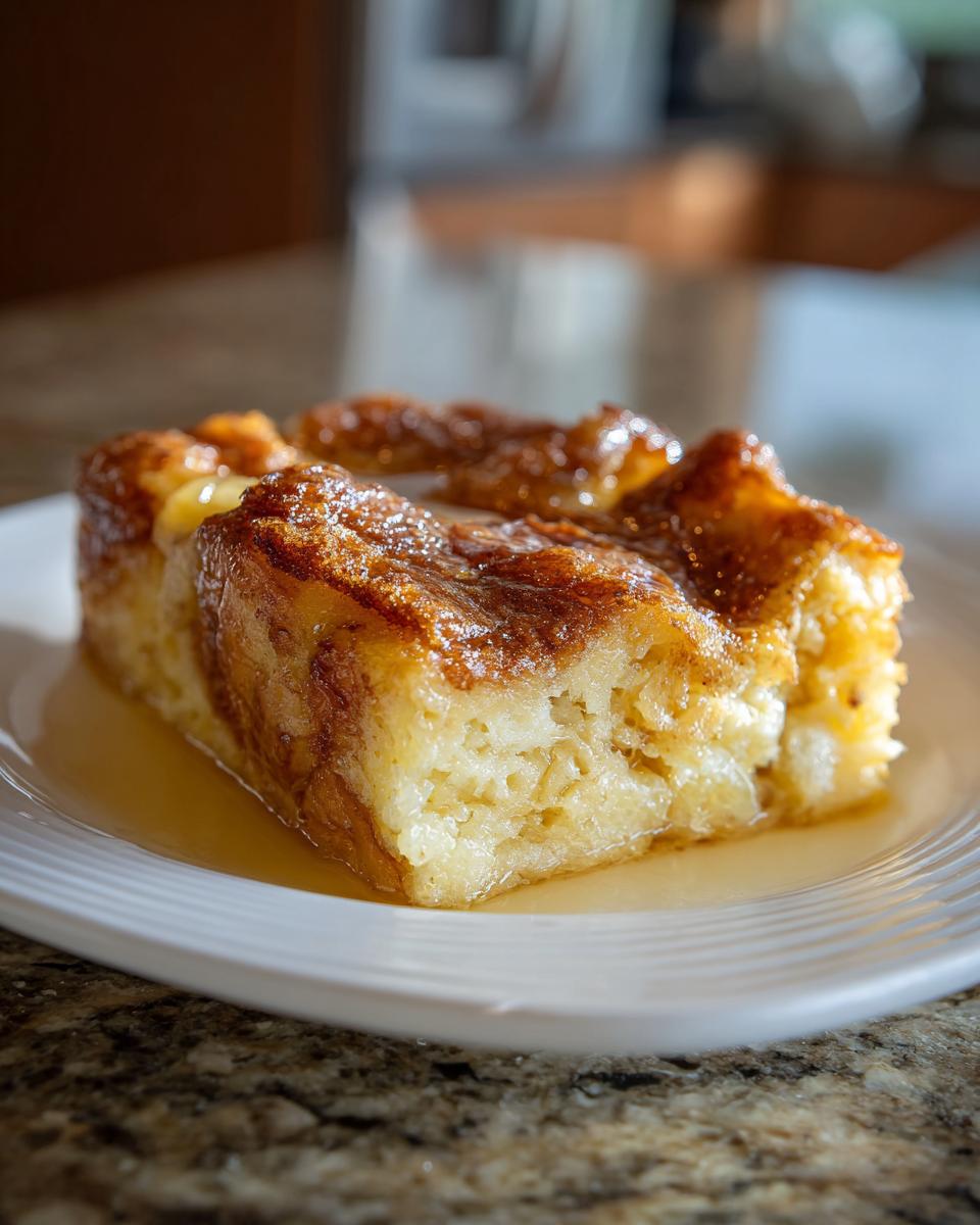A close-up of a golden brown slice of Overnight French Toast Casserole on a white plate, drizzled with syrup.