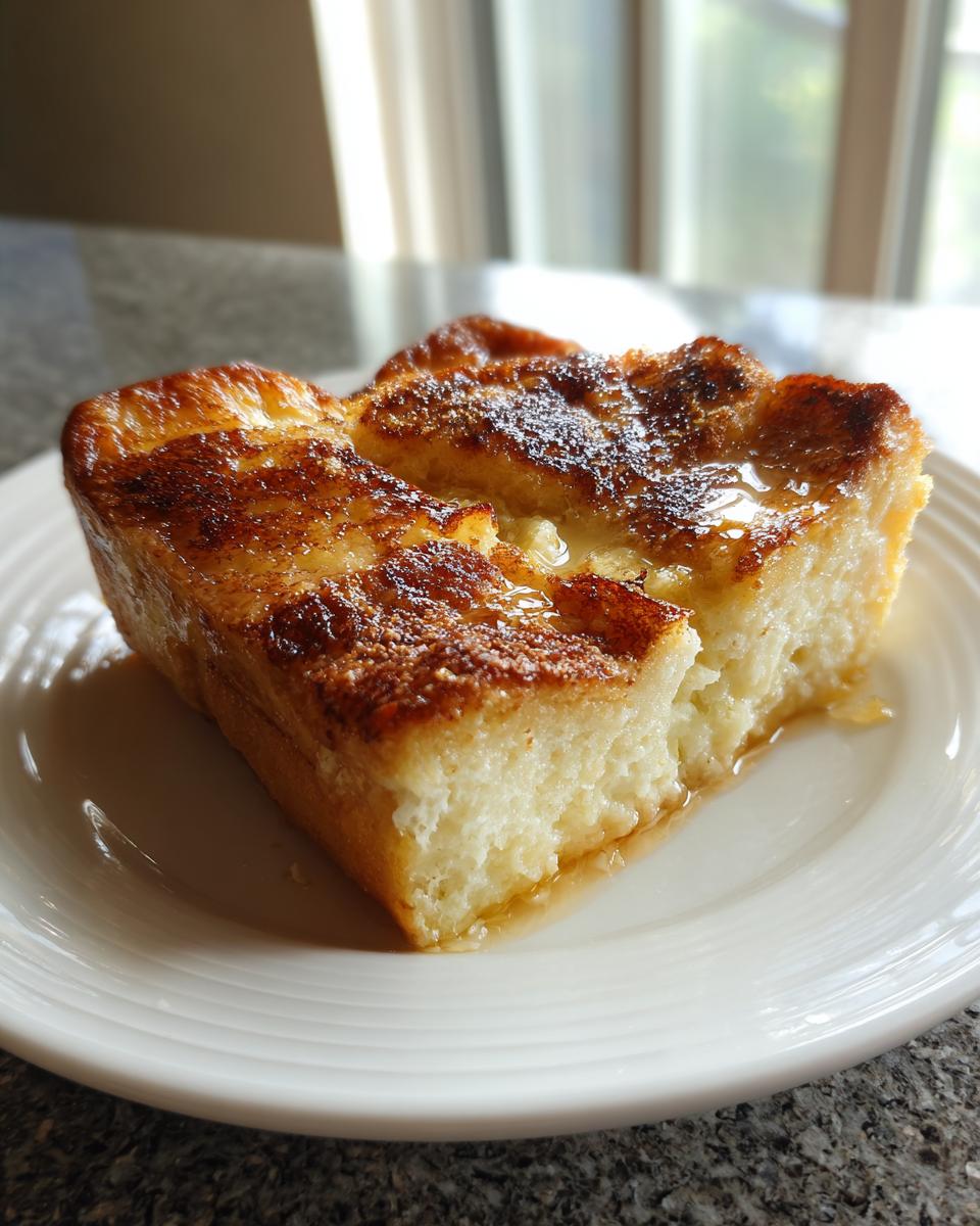 A close-up of a slice of Overnight French Toast Casserole on a white plate, drizzled with syrup.