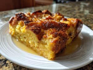 A close-up of a slice of Overnight French Toast Casserole on a white plate, with syrup pooling around it.
