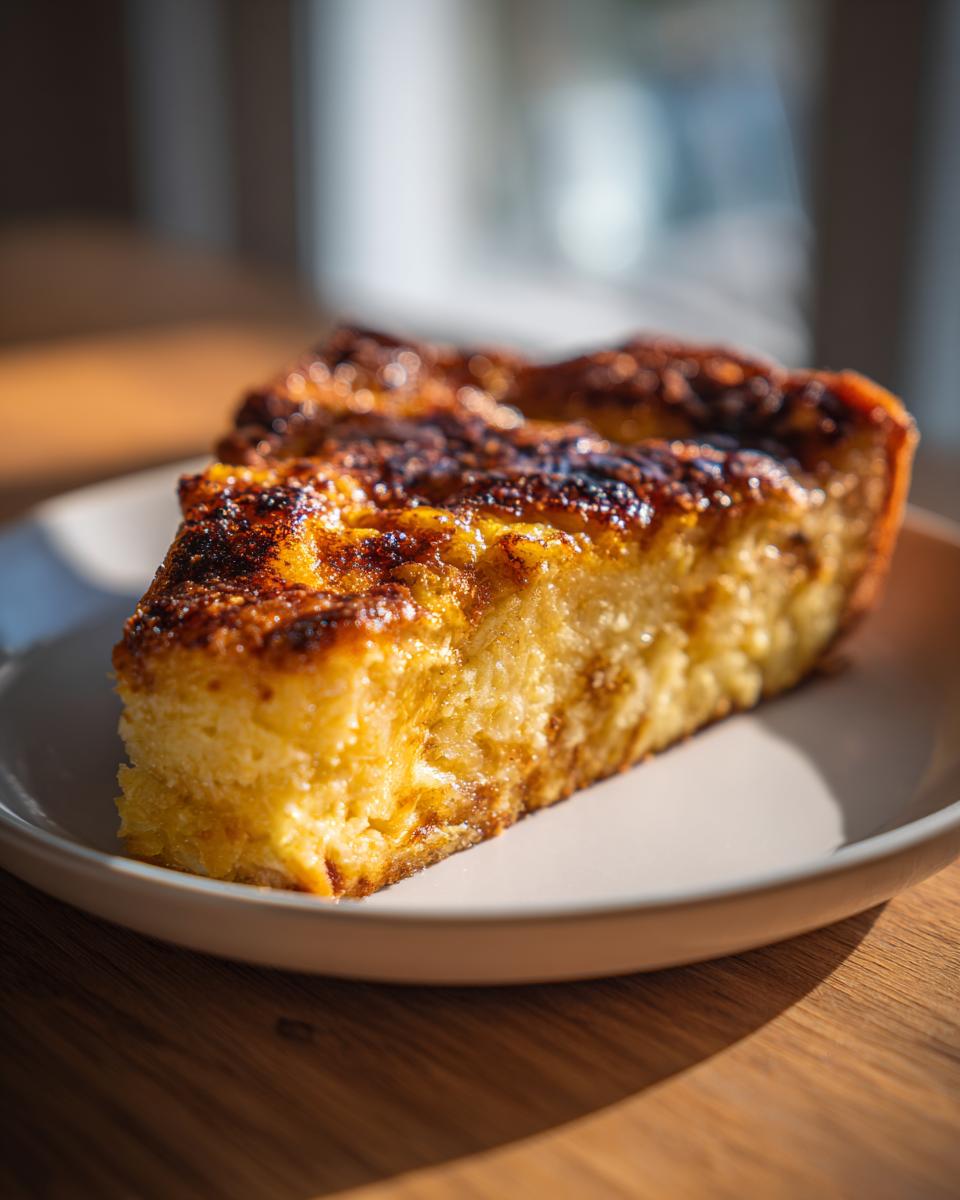 A close-up of a delicious slice of Overnight French Toast Casserole on a plate, with a golden-brown caramelized top.