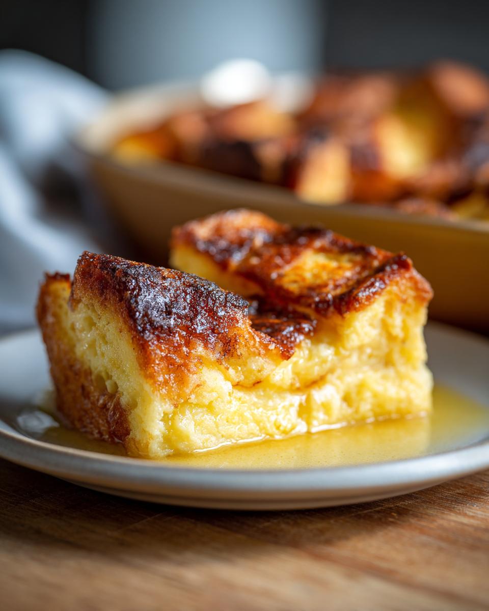 Two golden brown slices of Overnight French Toast Casserole served on a plate with syrup.