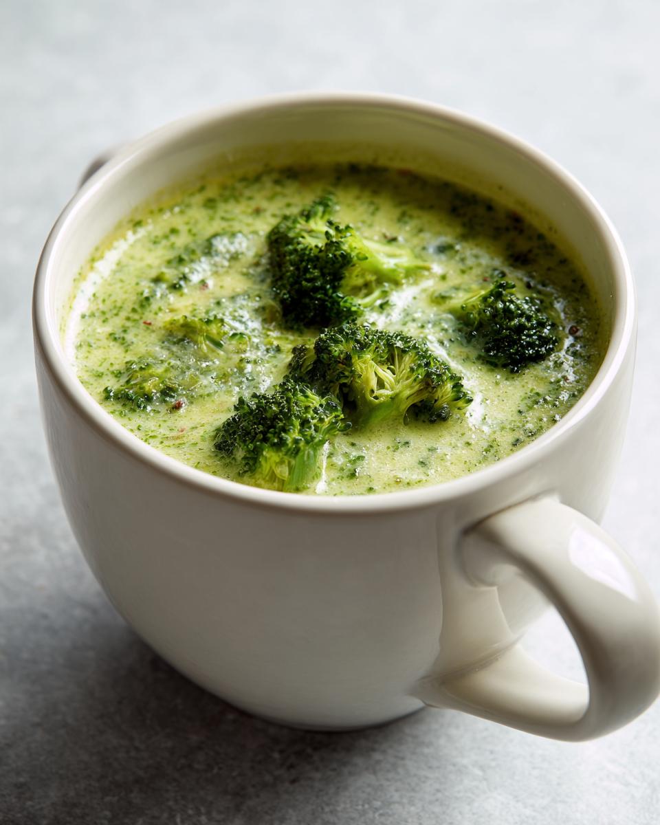 A creamy bowl of Panera broccoli cheddar soup with fresh broccoli florets.
