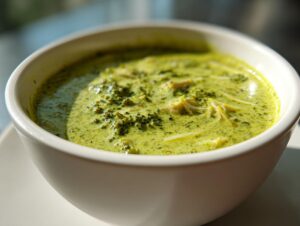 A close-up of a bowl of Panera Broccoli Cheddar Soup, showing creamy green broth with broccoli florets and shredded chicken.