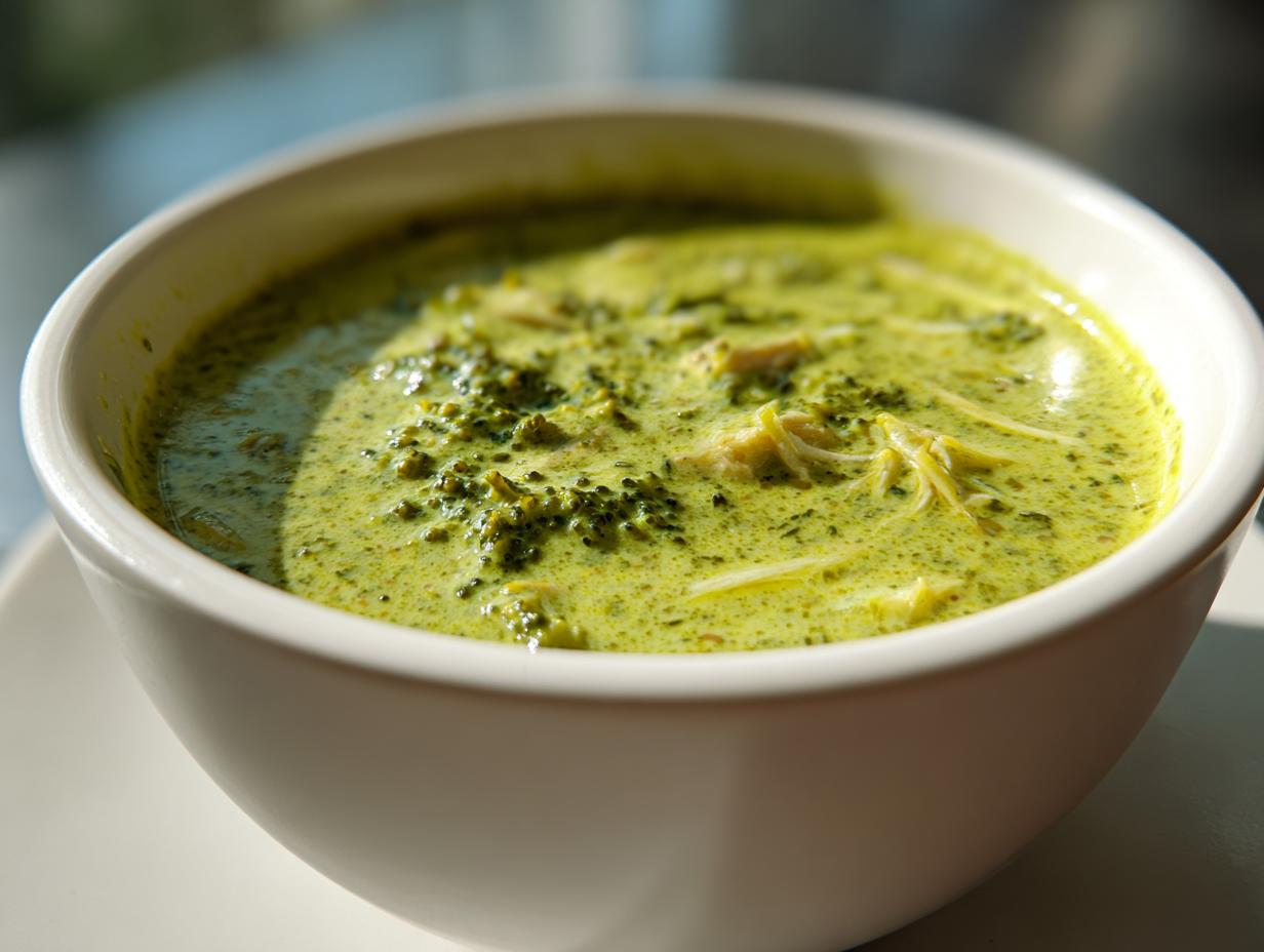 A close-up of a bowl of Panera Broccoli Cheddar Soup, showing creamy green broth with broccoli florets and shredded chicken.