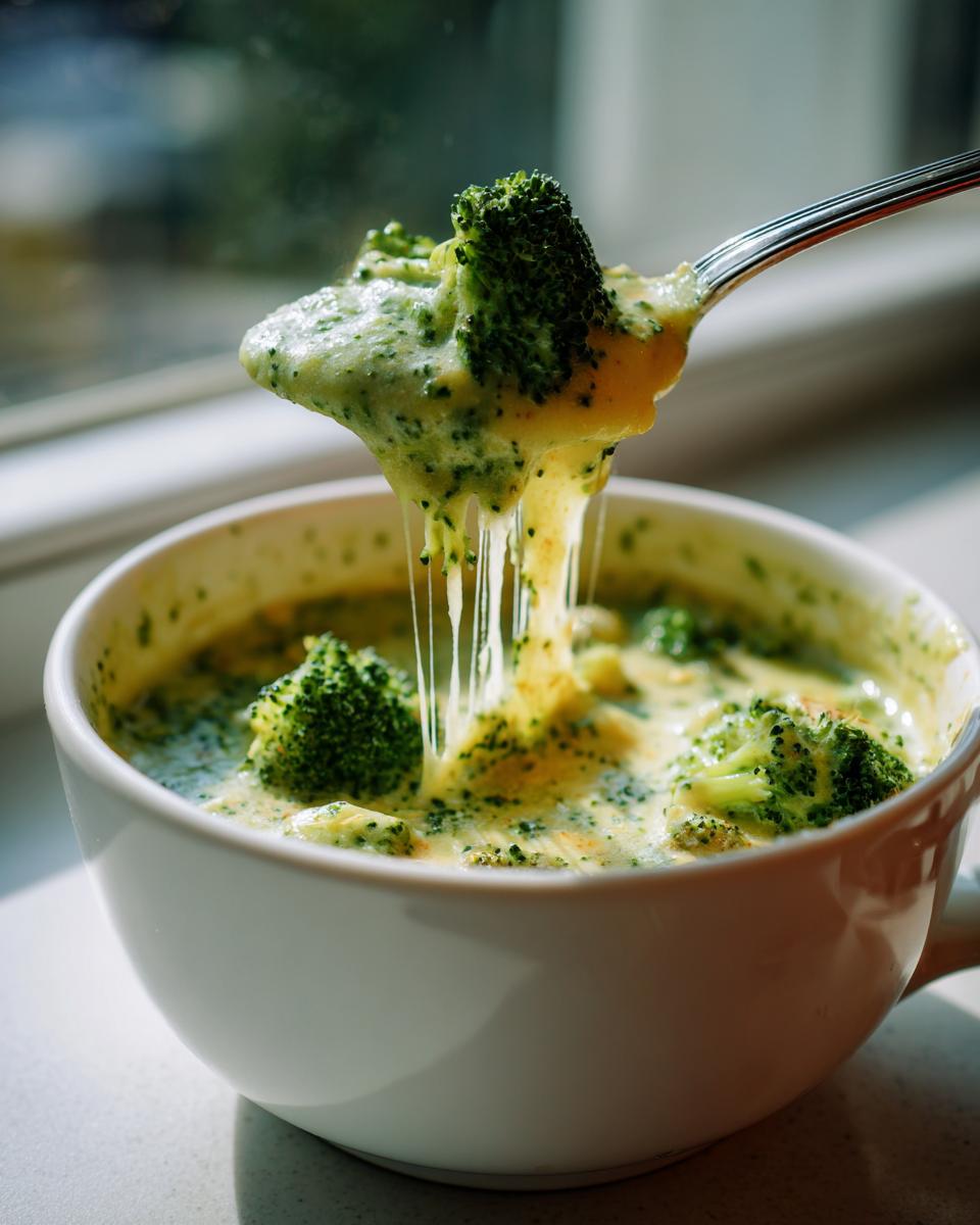 A spoonful of Panera broccoli cheddar soup showing a delicious cheese pull with fresh broccoli florets.