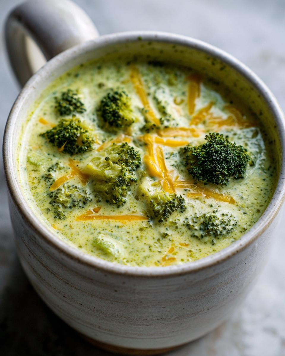 Close-up of creamy Panera broccoli cheddar soup in a mug, topped with fresh broccoli florets and shredded cheddar cheese.
