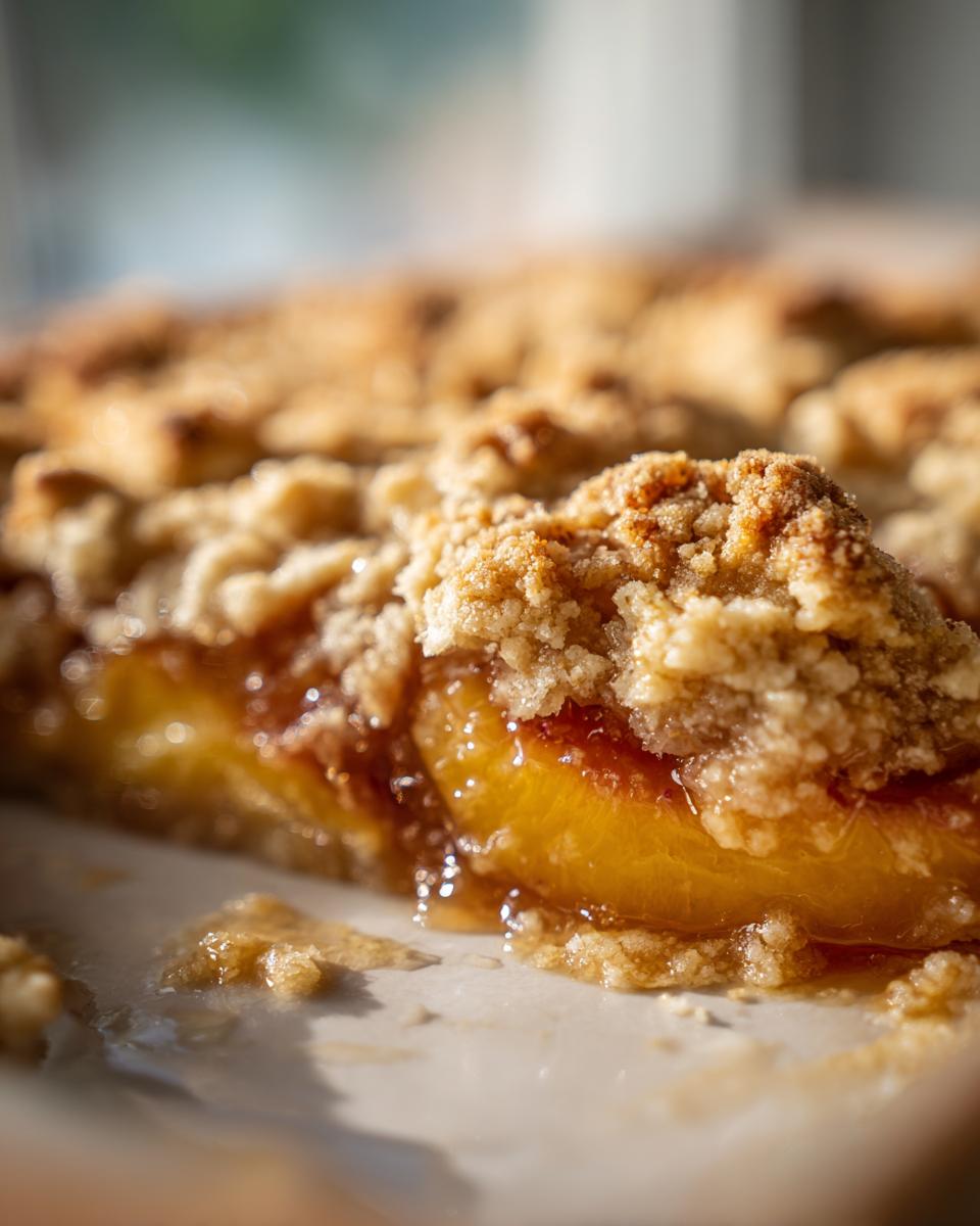 Close-up of a golden-brown slice of peach cobbler, showing juicy peaches and a crumbly topping.