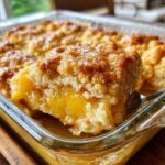 A close-up of a scoop of golden-brown peach cobbler, showing the juicy peach filling and crumbly topping.