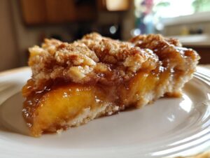 A close-up shot of a slice of homemade peach cobbler on a white plate, showcasing juicy peaches and a crumbly topping.