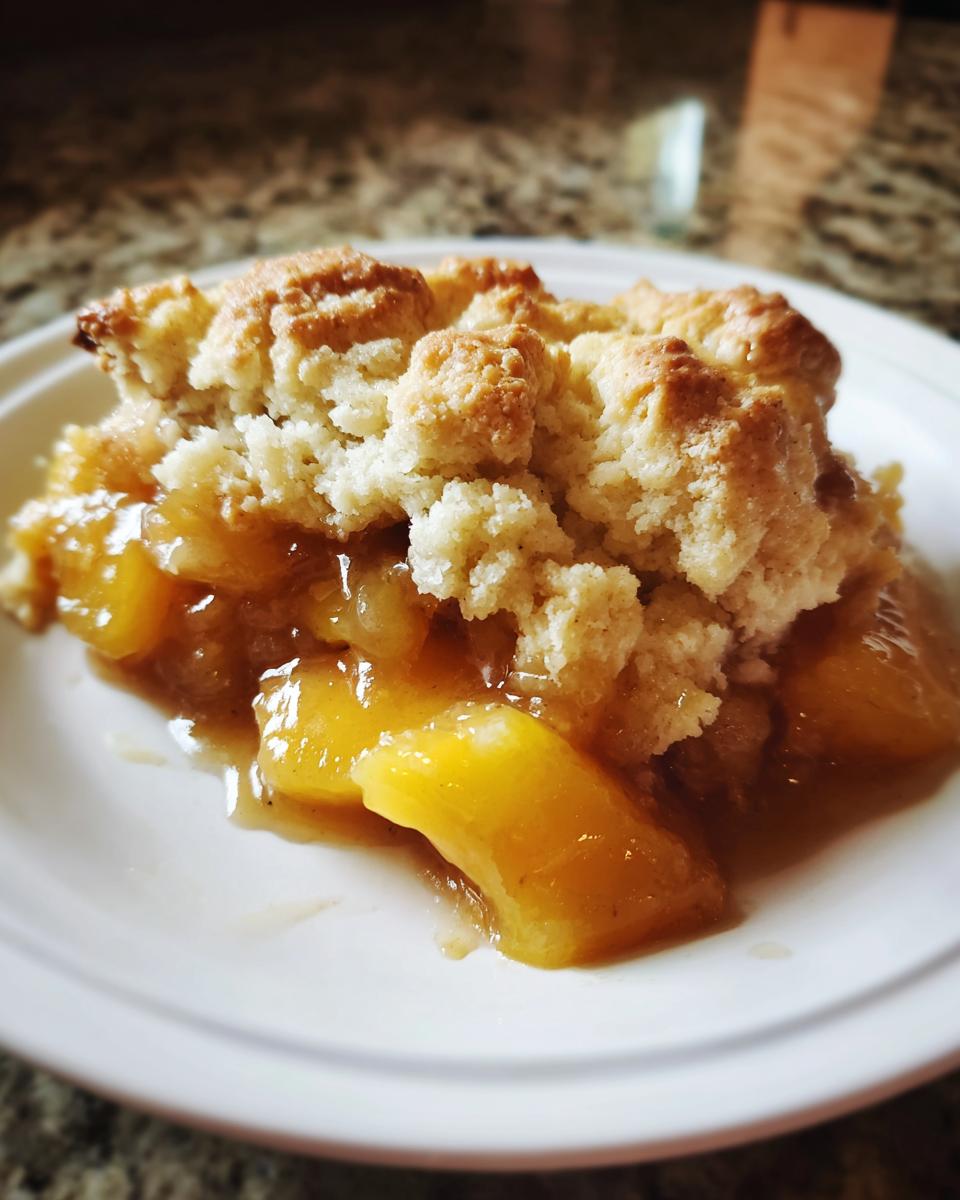 A close-up of a warm slice of peach cobbler with a golden biscuit topping and juicy peaches.