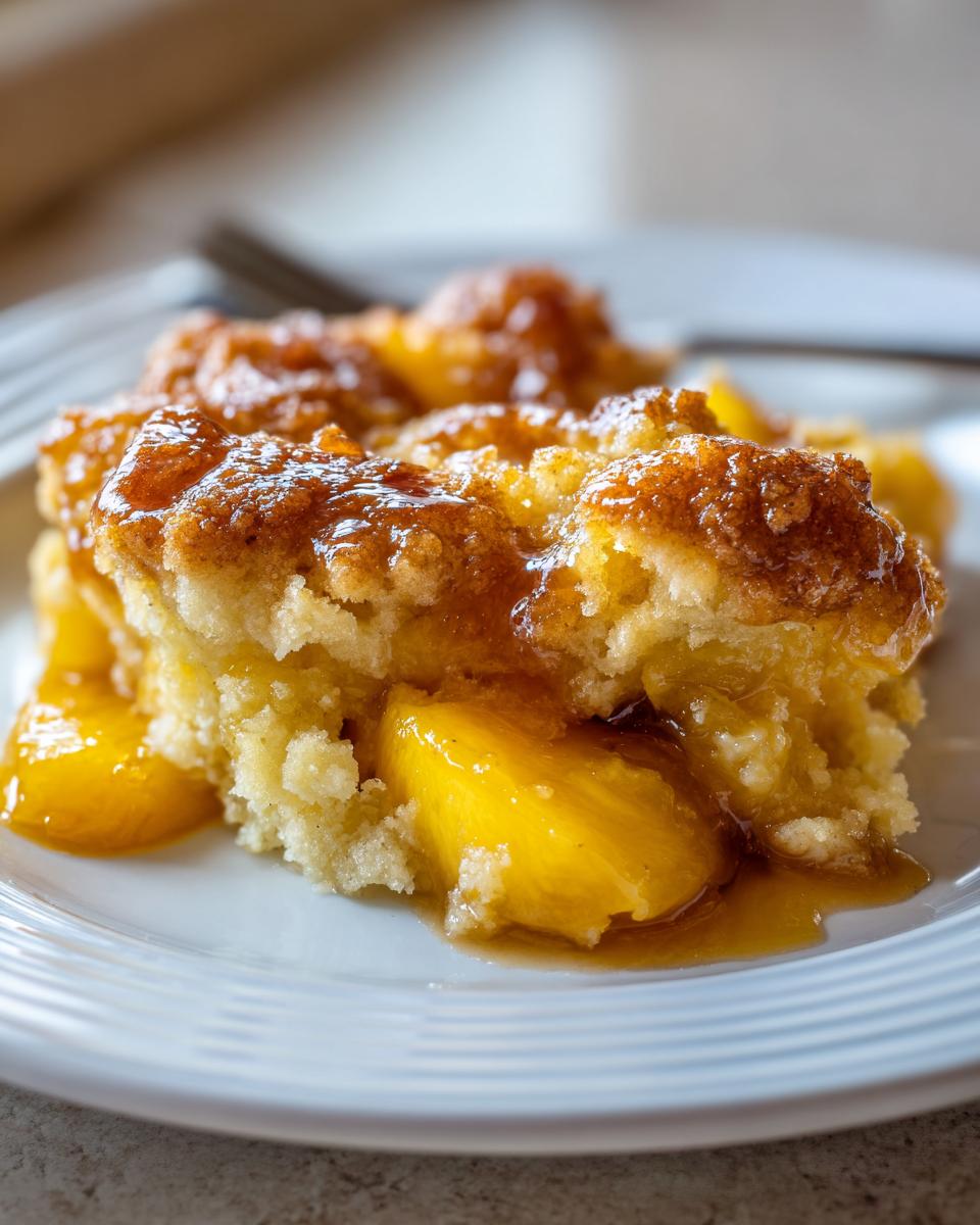 A close-up shot of a generous slice of homemade peach cobbler on a white plate, showcasing juicy peaches and a golden-brown topping.
