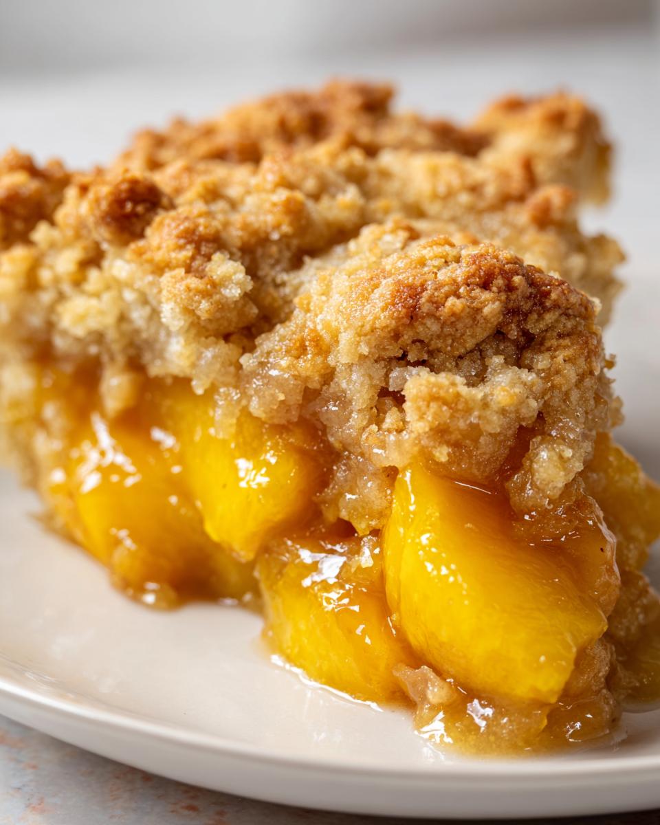 A close-up of a slice of warm peach cobbler with a golden crumb topping and juicy peach filling.