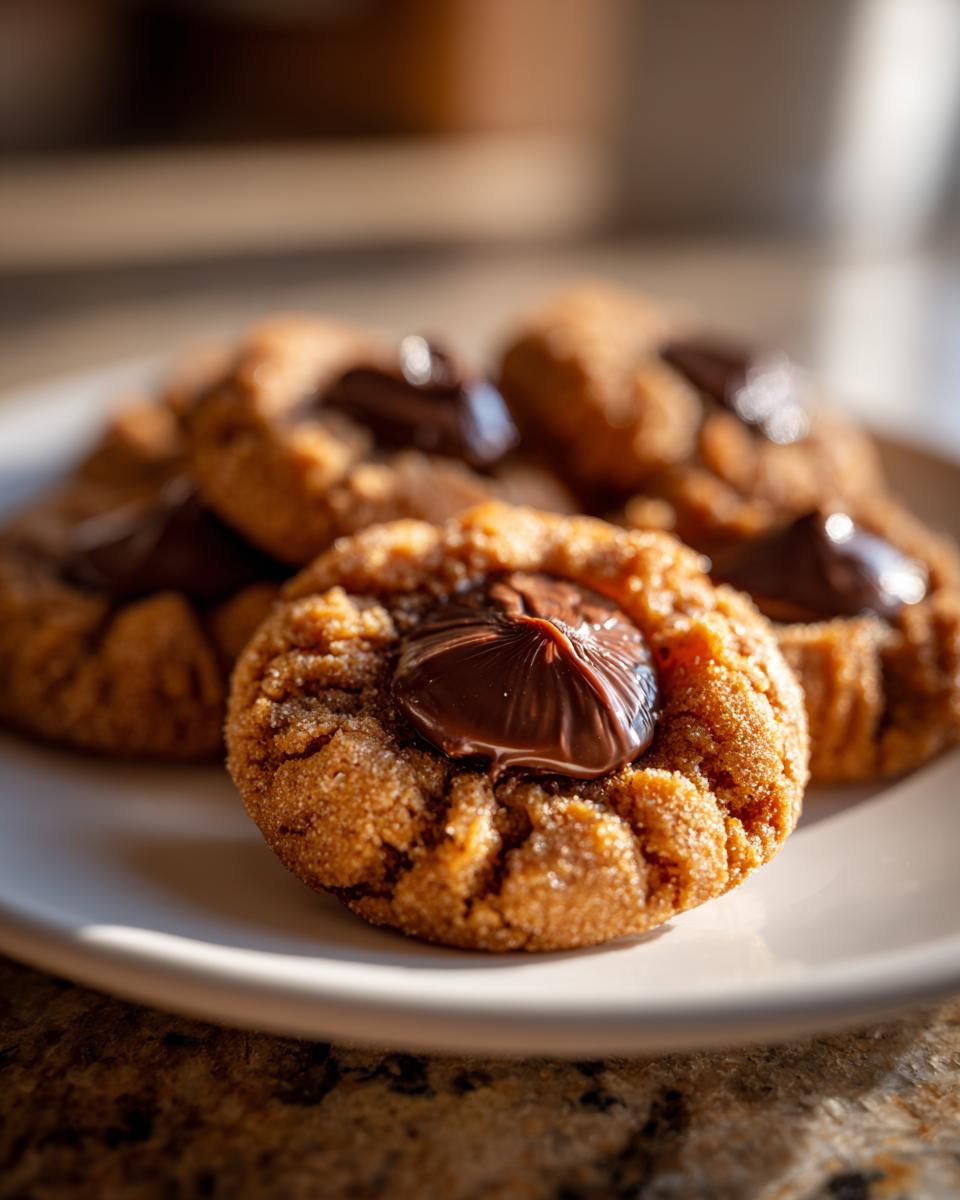 Close-up of soft, chewy peanut butter blossom cookies with a chocolate kiss in the center on a white plate.