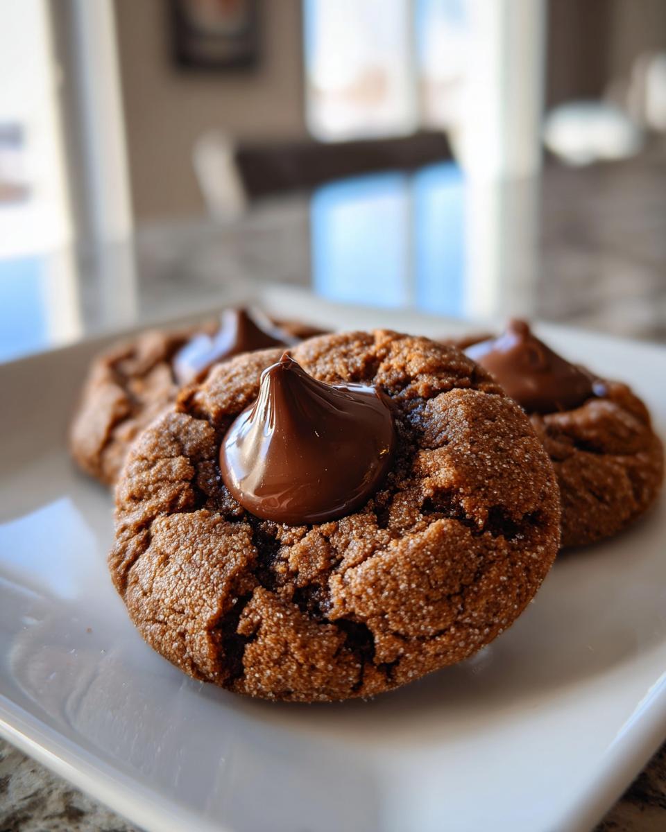 Close-up of three soft and chewy peanut butter blossom cookies, each topped with a shiny chocolate kiss.