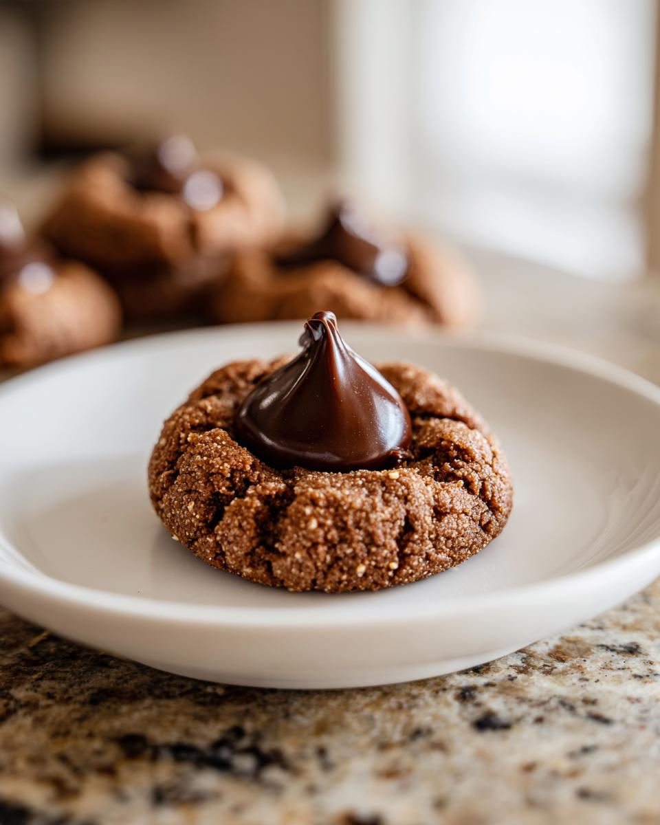 Close-up of a soft peanut butter blossom cookie topped with a shiny chocolate kiss.